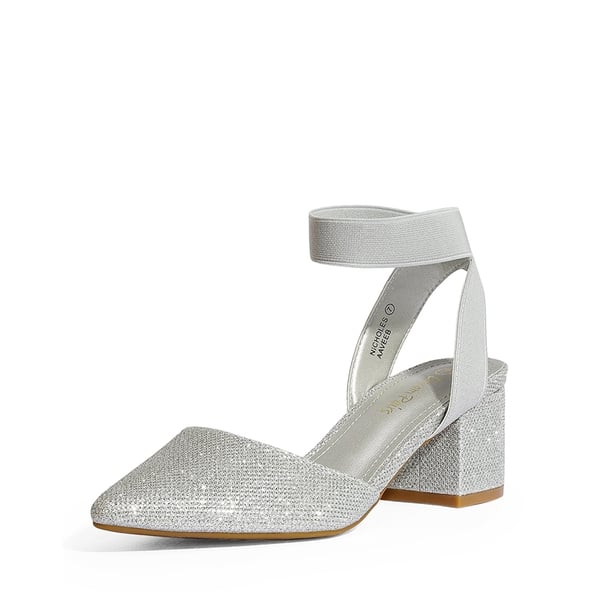 Pointed Toe Pumps with Ankle Strap - SILVER GLITTER -  0